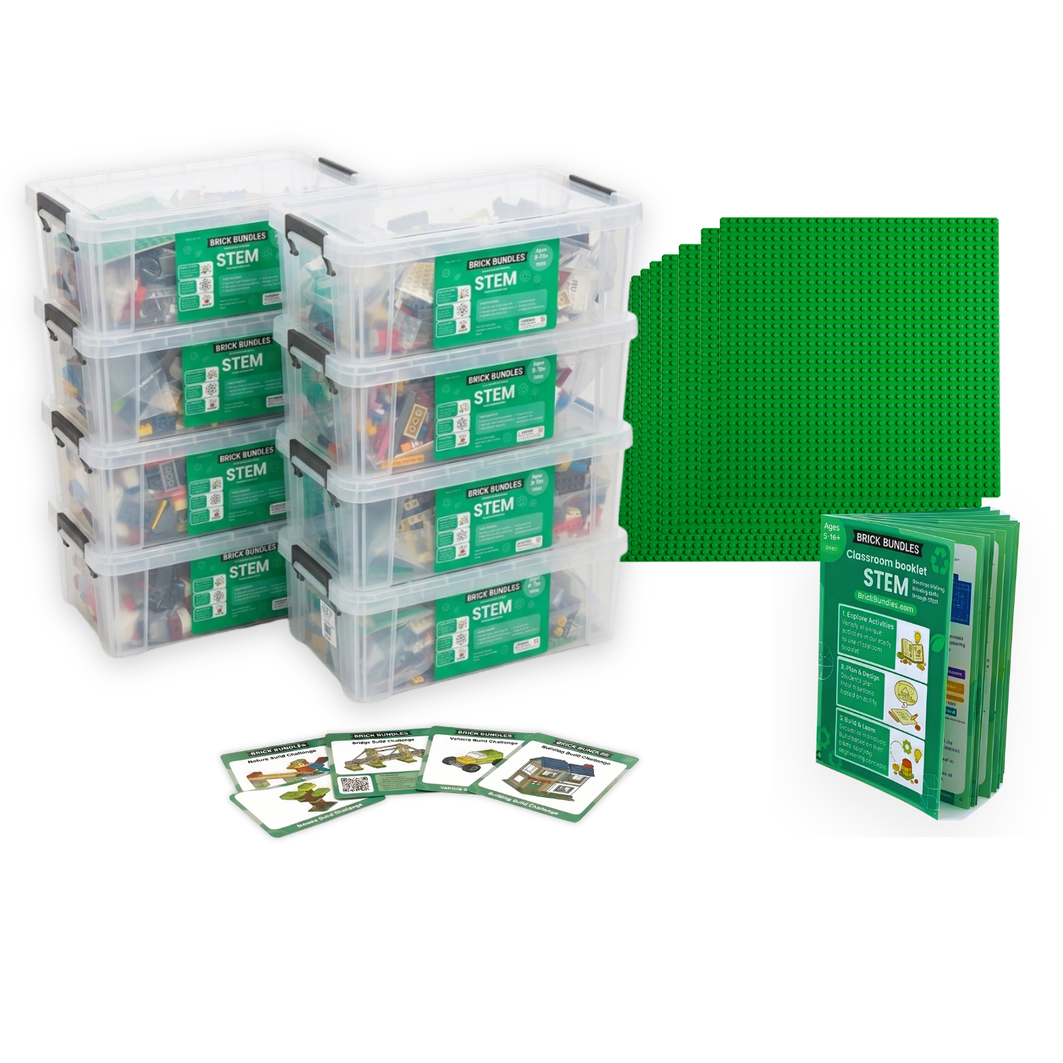 Brick Bundles STEM kit: storage boxes, baseplates, build-challenge cards and classroom booklet